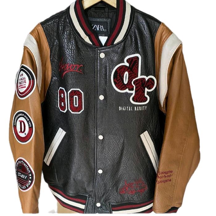 Zara varsity genuine leather jacket