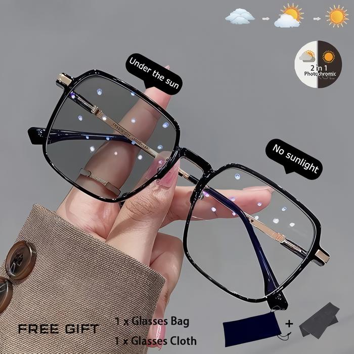 Kacamata Lensa Photocromic Anti Radiasi Wanita Kacamata Bingkai Kotak Titanium Anti UV 2 In 1 Fotocr