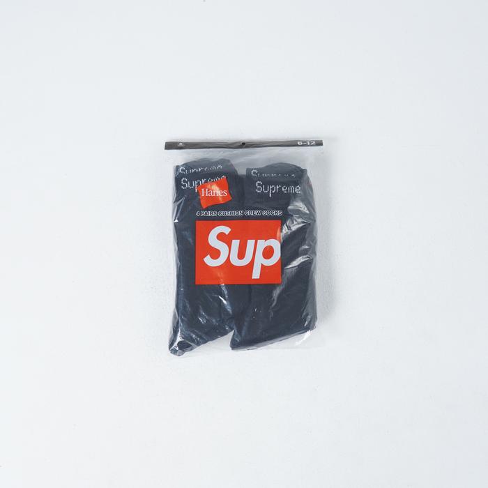 Kaos Kaki SUPREME HANES CREW BLACK SOCKS - 4 PACK 100% ORIGINAL