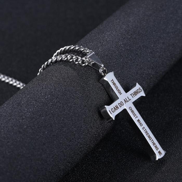 ALPHA OMEGA - Kalung Salib Injil Filipi 4:13 Pria Kristen Katolik Elegan Titanium