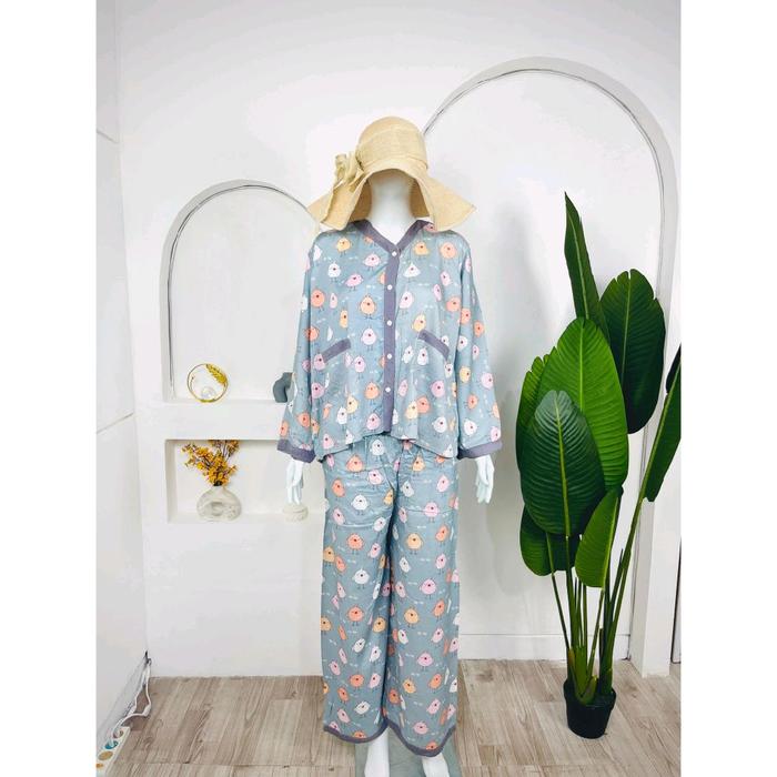 Oneset Wanita/ piyama wanita rayon premium Setelan Celana Panjang Kancing Tidur Baju daster ruffle