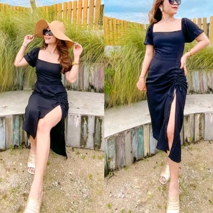 Cod Dres Midi Corla Tali Serut Leher Sabrina Bahan Rayon Twill Midi Dress Wanita Belahan lengan pend