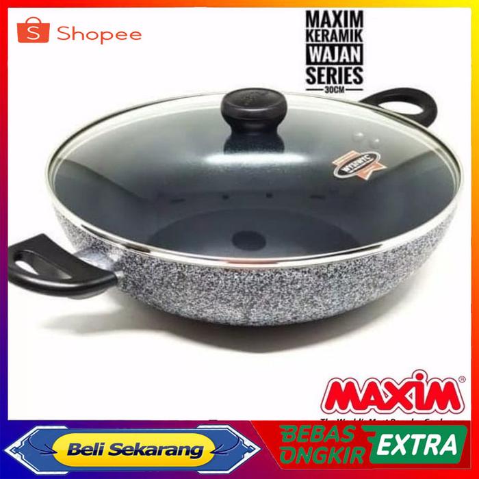 Wajan Maxim Neostone | Wajan Wok 30cm | Wajan Anti Lengket Marble Keramik + Tutup Kaca 30 cm Terlari