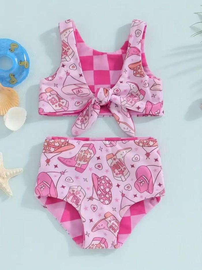 Bikini Anak Perempuan Balita Toddler Kids Pink Motif Fashion Boots Cowboy Hat Swimwear Merah Muda Ga