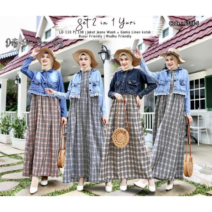 Gamis Kotak-Kotak + Jaket Jeans Katun Hitam/Biru