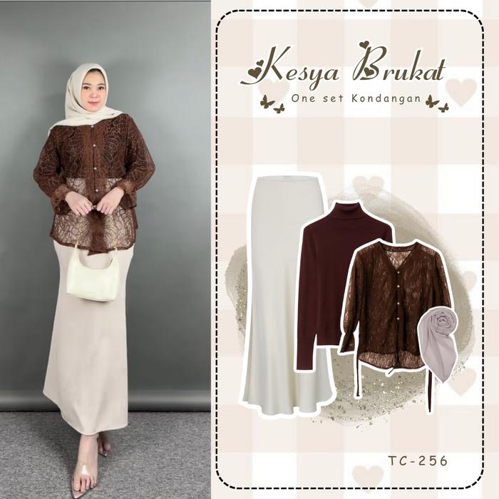 Kesya Brukat One Set Kondangan Mahogany Kekinian Rok Duyung Manset Brukat Hijab SET TC-256 Bahan Bru
