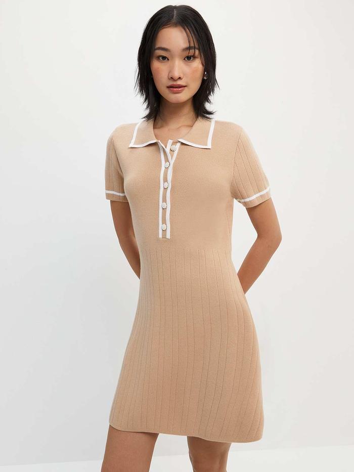 Pomelo. Contrast Trim Knitted Polo Mini Dress - Cream