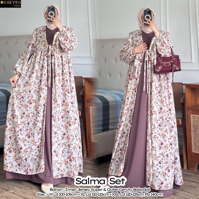 Salma set dress wanita by KHEYRA HIJAB (maxi gamis dress motif bunga, bahan inner  jersey super dan 