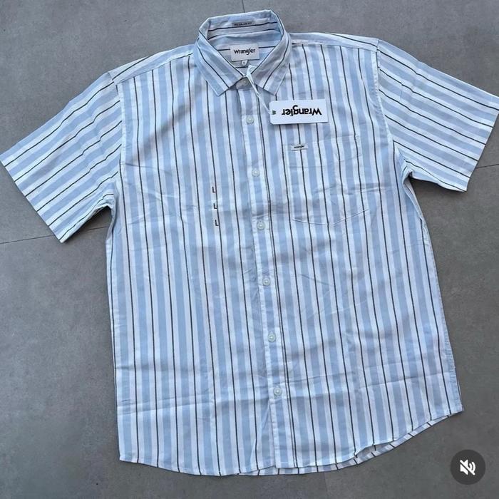 Wrangler Kemeja Original dengan Desain Garis Biru dan Putih