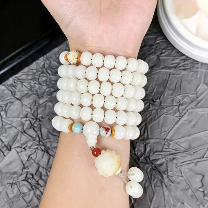 GELANG TASBIH DZIKIR VIRAL 2026 – Biji Akar Bodhi Asli + Giok Putih Premium Kombinasi Batu Shoushan 