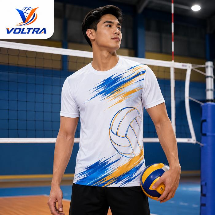 Kaos Olahraga Voli Pria Lengan Pendek Putih Cepat Kering Motif Abstrak