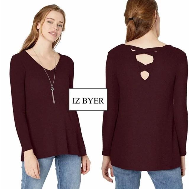 IZ BYER KNIT MAROON BLOUSE IB - SISA EXPORT Blouse Wanita V-Neck Bahan Knit Maroon Detail Belakang U