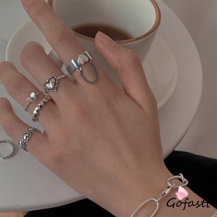 5pcs / Set Cincin Jari Telunjuk Model Terbuka Desain Hati Hollow Gaya Retro G