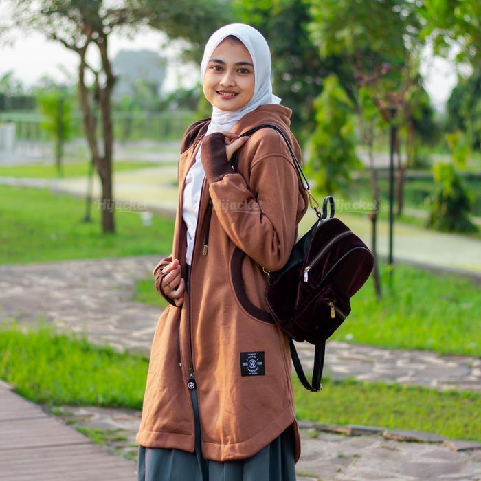 Free Souvenir - Best Seller | Hijacket Elektra Brown | Jaket Wanita Muslimah Syar'I Panjang | Hoodie