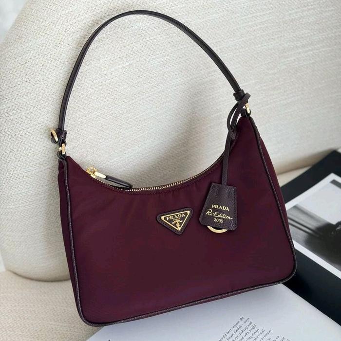 Prada Re-Edition 2005 Re-Nylon With Leather Handle Mini Hobo Bag Burgundy GHW