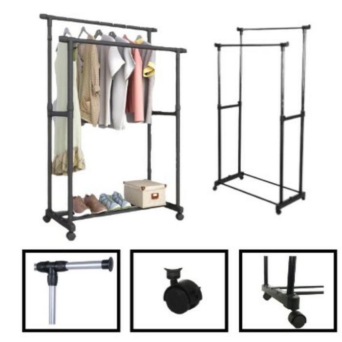 [JR-05] JEMURAN BAJU DOUBLE POOL HITAM RAK BESI STAINLEES / JEMURAN PAKAIAN / STAND HANGER