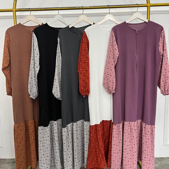 ( FREE HIJAB BERGO ) Fauziah Dress Kombinasi Rempel Crinkle Motif Gamis Wanita  Muslim Crinkle Airfl