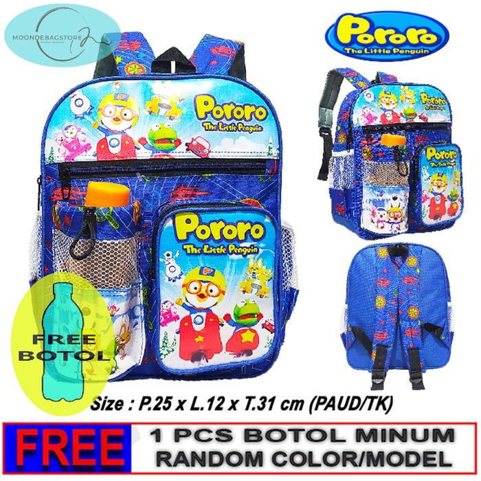Tas Ransel Mini Anak Sekolah PAUD/TK Karakter PORORO free botol // Tas Ngaji Anak Karakter PORORO //