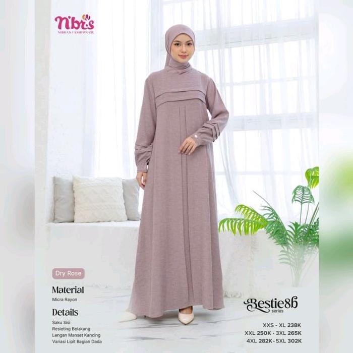 Gamis Nibras Terbaru Bestie 8B Warna Pink Dry Rose Bahan Micra Rayon Ringan Jatuh Baju Muslimah Cant