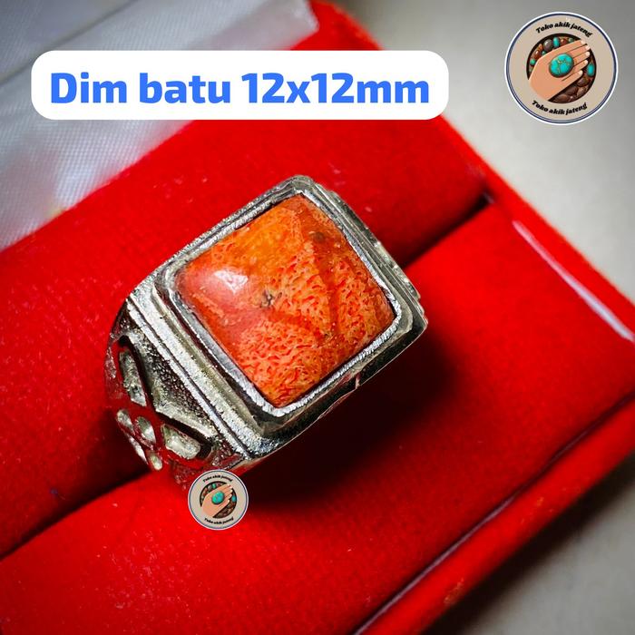 cincin batu akik marjan kotak pria/batu akik red coral marjan asli natural
