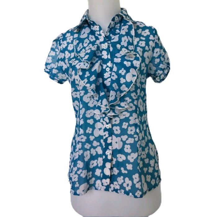 blues wanita biru motif bunga