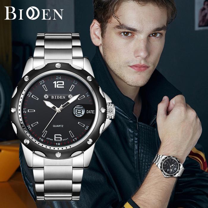 BIDEN Jam Tangan Olahraga Kuarsa Otomatis Date Tali Stainless Steel Kasual Pria Anti Air Watches Ori