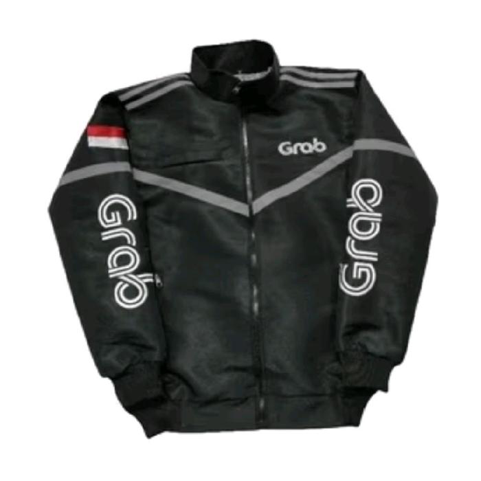 Grab Jaket Bomber Hitam dengan Logo Putih dan Garis Reflektif untuk Pengguna Grab