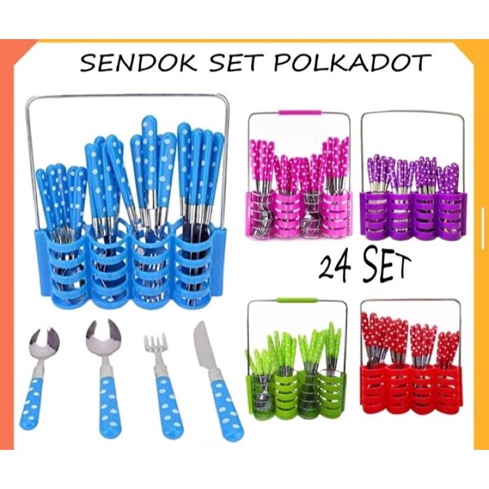 [Set Sendok Polkadot] Garpu Set Tempat Isi 24Pcs Sendok Alat Makan Set Sepaket Komplit Set Lengkap S