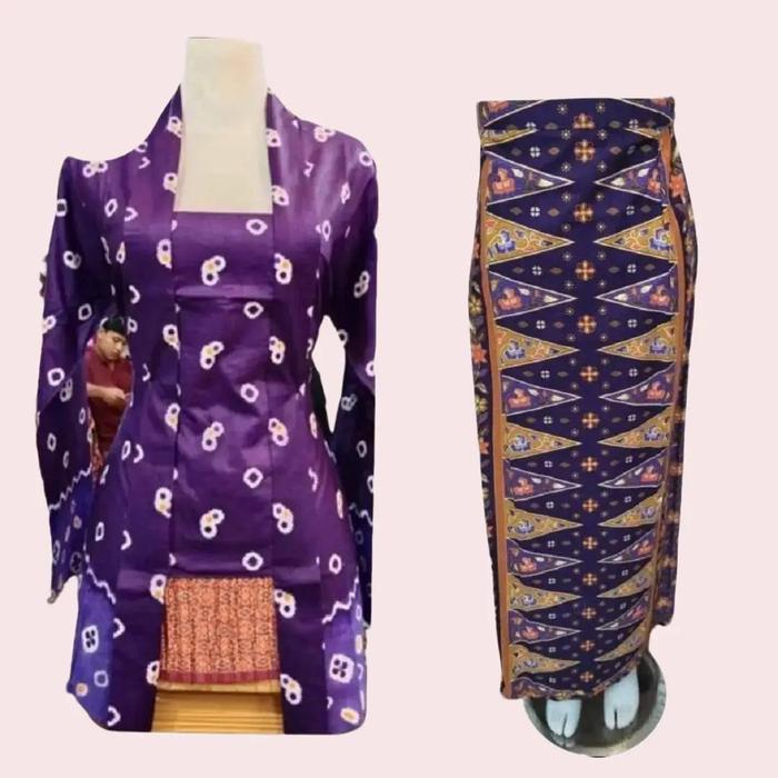 Setelan Kebaya Model Kutu Baru Modern Jumputan Wanita Bahan Kain Katun Batik Warna Ungu - Dress Hita