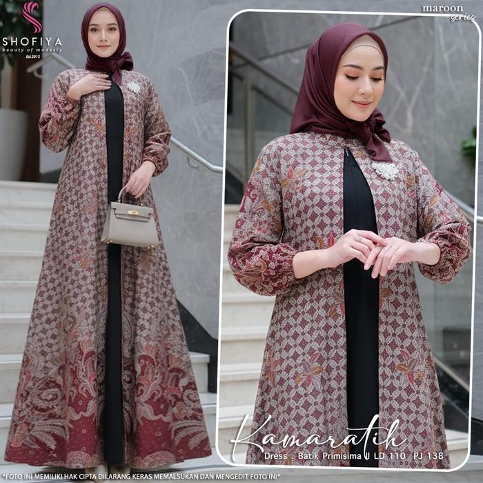 ELDERA Kamaratih Dress Wanita Batik Modern Terbaru Elegan Pesta Original Maroon Series LD 110 PJ 138