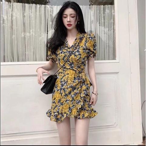 Mini Dress Rok Pendek Motif Bunga Merah dan Kuning model Ikat Kimono Style - Dres Gaun Baju Pakaian
