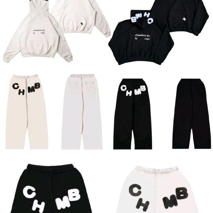 CHMB Setelan Sweater dan Celana Hitam Putih dengan Logo Besar untuk Gaya Santai Baju Oblong Dewasa P