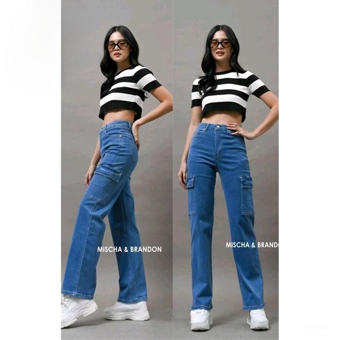 CELANA JEANS CARGO MISCHA BRANDON / CARGO CASUAL WANITA JEANS SOFT HIGH WAIST CELANA PANJANG CEWEK