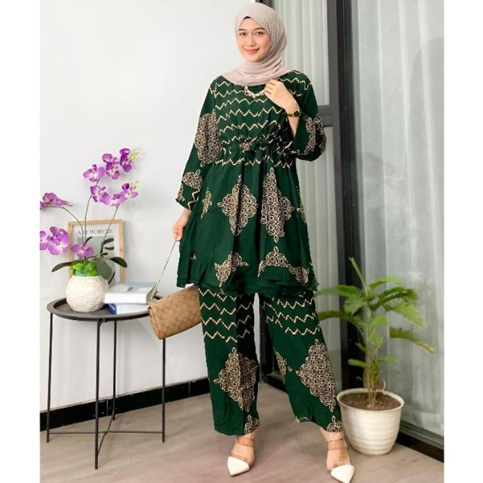 Setelan One Set Tunik Tunic Baju Atasan Wanita Muslimah Remaja Dewasa Lengan Panjang Lebaran Hari Ra