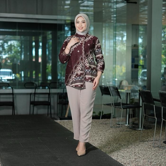 BATIK NINGRATAN WANITA MOTIF SWASTIKA Blouse Batik Wanita Modern Premium Lapis Tricot Lengan Panjang