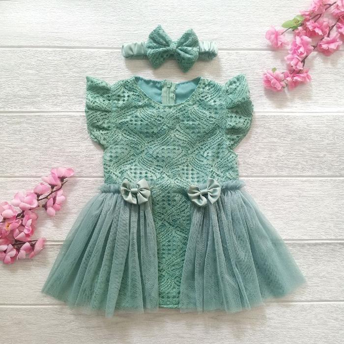Fashion Dress Gaun Pesta Anak Bayi Perempuan 1 Tahun Brukat Tile Pita Motif Hijau Mint
