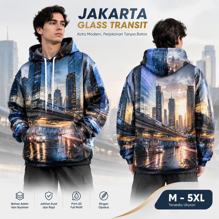 Hoodie Pria Motif Kota Jakarta 3D Print Full Print dengan Pemandangan Gedung Pencakar Langit, Jalur 