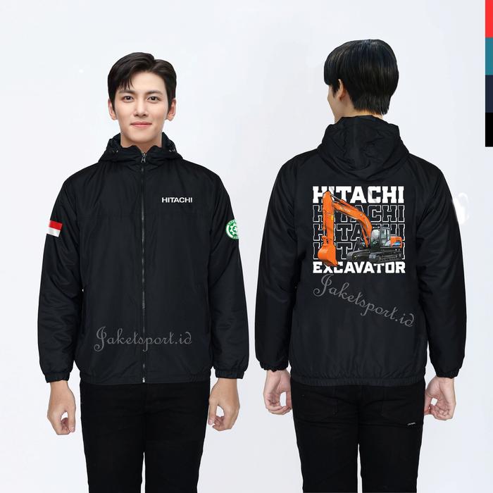 Jaket Custom Casual Elegan Logo Hitachi Alat Berat Excavator Terbaru Semi Waterproof Nyaman Size MLX