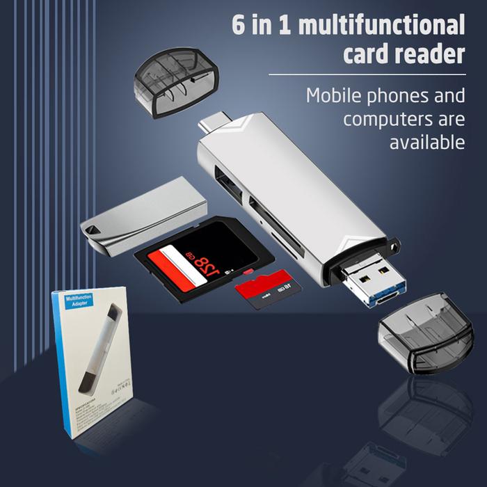 6-in-1 OTG Card Reader 5 Gbps Data Transmission USB/Type-C/Micro OTG