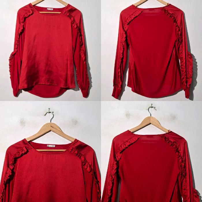 ZARA BLOUSE TOP RUFFLE RED BARU ASLI ORIGINAL