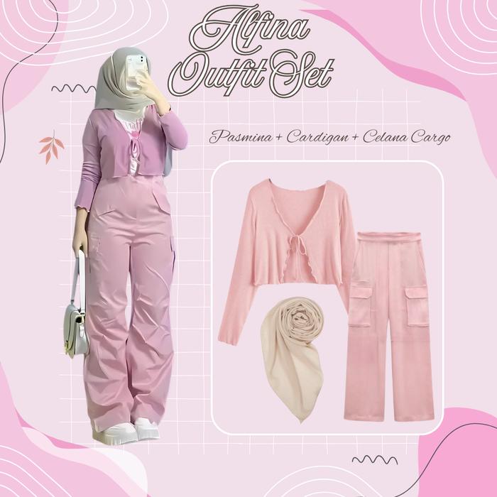 Setelan Alfina Outfit Korean Style (Pasmina + Cardigan + Celana Cargo) one set 3 in 1 set korean sty