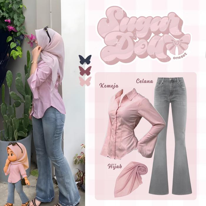 Sugar Doll Outfit Wanita 3in1 (Kemeja Salur Celana Cutbray Jeans Hijab Bella Square) Setelan One Set
