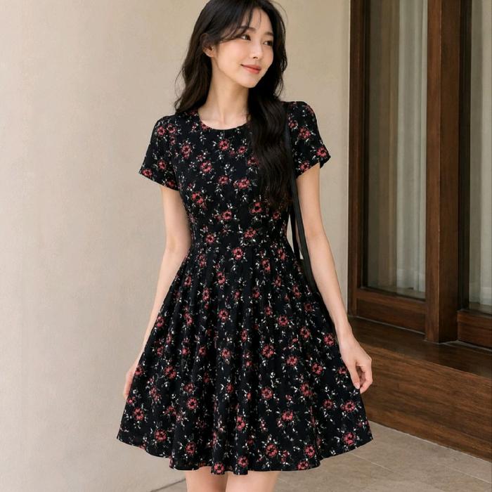 Gaun lengan pendek wanita hitam motif bunga Preloved merk Geela size M