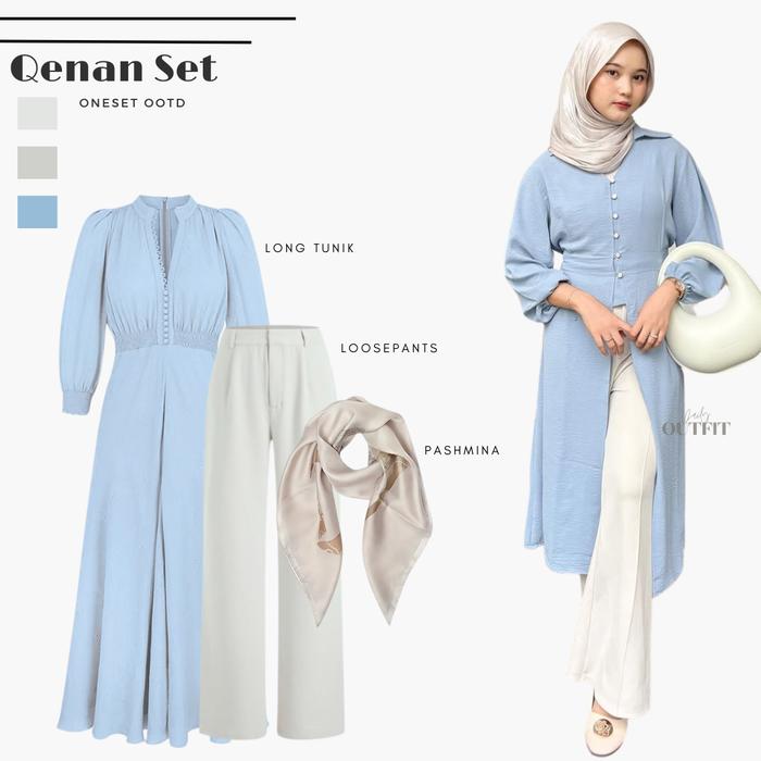 Qenan OneSet Outfit Wanita | Atasan Tunik Crinkle Airflow Biru | Bawahan Celana Kulot Loosepants Put