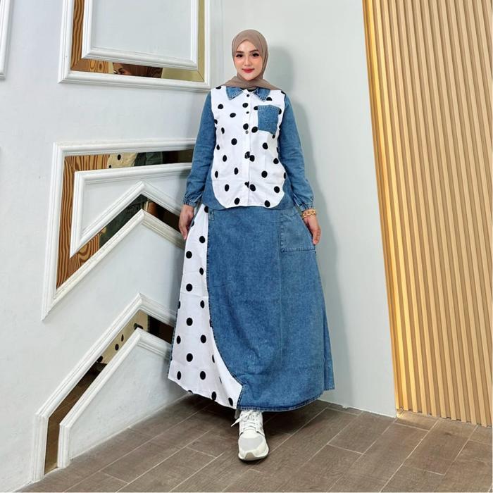 Zefanya One Set Jeans Polkadot Fashion Muslim Wanita Kekinian Pasti Ori