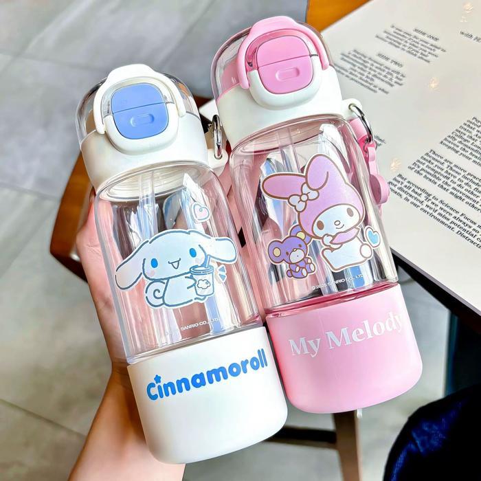 BOTOL MINUM ANAK KARAKTER 420ML + CUP MODEL TEGUK & HISAP MOTIF MELODY KUROMI CINAMONROLL Plastik Tr