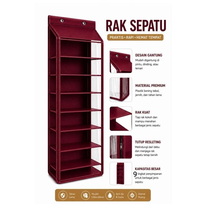 Rak Sepatu Gantung 9 Susun Alas Triplek Full Resleting Polos Jumbo Bahan Premium Mika Tebal