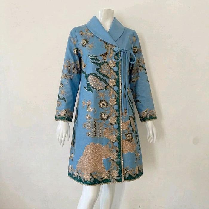 Tunik nafisah biru laut batik solo sragen lapis full trikot batik belvya Dress wanita Blouse Wanita 