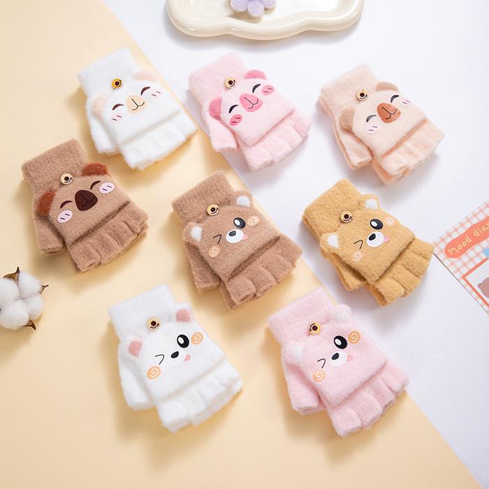 Convertible Flip Top Mittens for Kids Cute Cartoon Warm Winter Gloves Fingerless Full Finger Cover A
