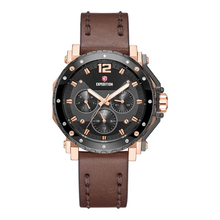 Jam Tangan Wanita Expedition E 6402 BF LGRBA Ladies Black Dial Brown Leather Strap